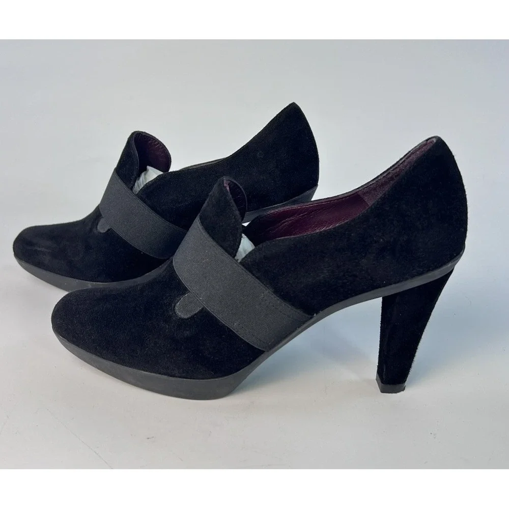 Stuart Weitzman Black Suede Elastic Band Platform Pumps Shooties Heels 6 M Spain